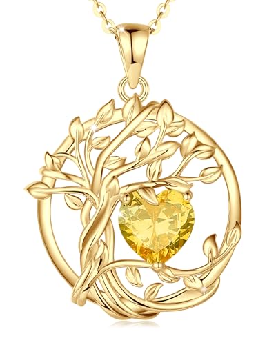 FANCIME Baum des Lebens November Geburtstein Halskette Damen Sterling Silber Kette Gelbgold vergoldet Citrin Anhänger Gelb Topas Edelstein Geburtstag Schmuck Mütter Tag Geschenke für Frau Mutter von FANCIME