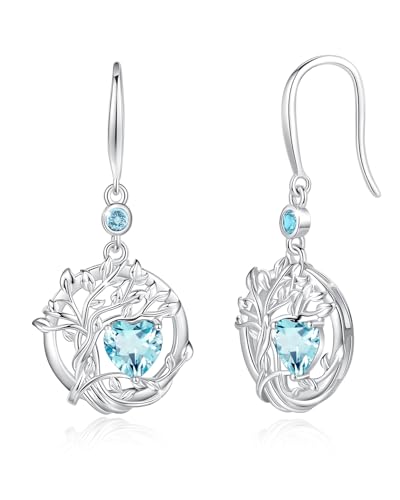 FANCIME Baum des Lebens Ohrringe Sterlingsilber 925 Hängend Zierlich Blau Aquamarin Anhängerohrringe März Geburtsstein Baumelnde Ohrringe Feiner Schmuck Geburtstagsgeschenke für Damen Frauen von FANCIME