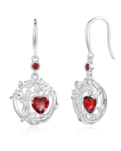 FANCIME Baum des Lebens Ohrringe Sterlingsilber 925 Hängend Zierlich Rot Granat Anhängerohrringe Januar Geburtstein Baumelnde Ohrringe Feiner Schmuck Geburtstagsgeschenke für Damen Frauen von FANCIME