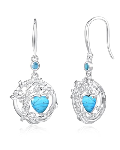 FANCIME Baum des Lebens Ohrringe Sterlingsilber 925 Hängend Zierlich Türkis Anhängerohrringe Dezember Geburtstein Baumelnde Ohrringe Feiner Schmuck Geburtstags Geschenke für Damen Frauen von FANCIME