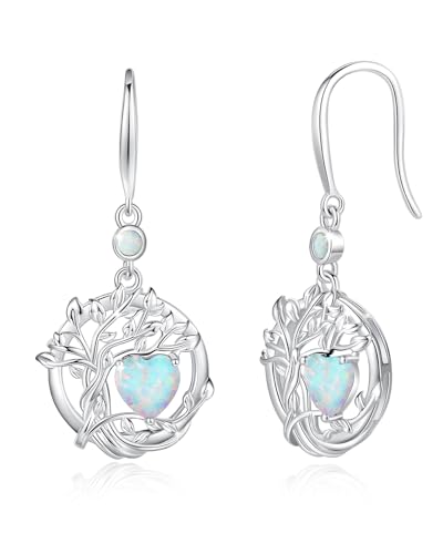 FANCIME Baum des Lebens Ohrringe Sterlingsilber 925 Hängend Zierliche Opal Anhängerohrringe Oktober Geburtsstein Baumelnde Ohrringe Feiner Schmuck Geburtstags Geschenke für Damen Frauen von FANCIME