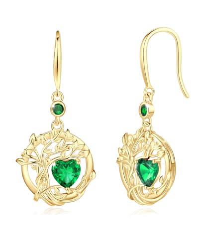 FANCIME Baum des Lebens Ohrringe Sterlingsilber 925 Hängend zierlich Gelbgold plattiert Smaragd Mai Geburtstein Baumelnde Ohrringe Schmuck Geburtstag Geschenke für Damen Ihre Frauen von FANCIME