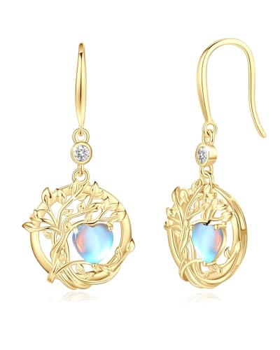 FANCIME Baum des Lebens Ohrringe Sterlingsilber 925 Hängend Gelbgold plattiert Mondstein Edelstein Ohrring Juni Geburtstein Baumelnde Ohrringe Geburtstag Geschenke für Damen von FANCIME