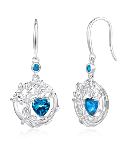 FANCIME Baum des Lebens Ohrringe Sterlingsilber 925 Hängend Blau Topas Anhängerohrringe November Dezember Geburtstein Baumelnde Ohrringe Geburtstags Schmuck Geschenke für Damen Frauen von FANCIME