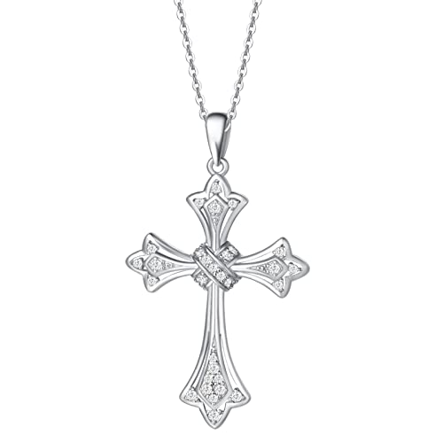 FANCIME Damen Halskette mit Gotik Kreuz Anhänger Kette aus 925 Sterling Silber Weißgold Plattiert mit Funkelnde Zirkonia Schmuck für Frauen Kinder - Verstellbar Kettenlänge: 40 + 5 cm von FANCIME