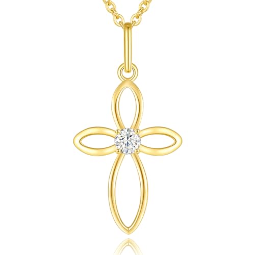 FANCIME Damen Halskette mit Minimalist Kreuz Christian Anhänger aus 14 Karat 585 Gold mit echt Diamant 0.1 ct Schmuck für Damen Frauen Mädchen, Verstellbar Kettenlänge: 40 + 5 cm von FANCIME
