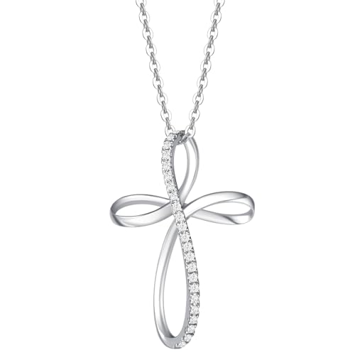 FANCIME Damen Halskette mit Minimalist Kreuz Christian Anhänger aus 14 Karat 585 Weiß Gold mit echt Diamant 0.115 ct Schmuck - Verstellbar Kettenlänge: 40 + 5 cm von FANCIME