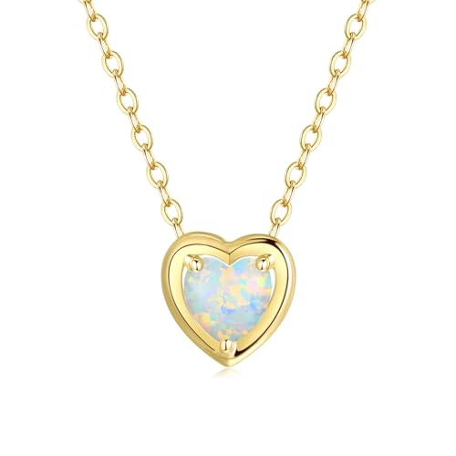 FANCIME Damen Kette mit Herz Geburtsstein Opal Anhänger aus Solide 14K 585 Gelb Gold Halskette Valentinstag Geschenkschmuck für Damen Mädchen, Verstellbar Kettenlänge: 45 cm von FANCIME