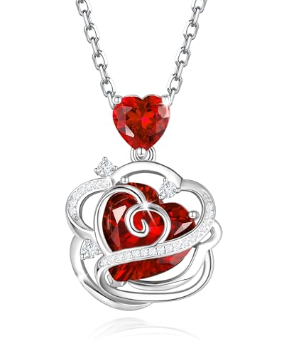 FANCIME Granat Halskette Januar Geburtsstein Kette Sterling Silber Rose Blume Anhänger Halskette Rotes Herz Edelstein Geburtstag Weihnachten Feiner Schmuck Geschenke für Sie Frauen Mom von FANCIME