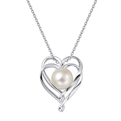 FANCIME Groß Solitaire Echte 9-10mm Süßwasser Zuchtperlen mit 925 Sterling Silber Perlen Kette Herz Anhänger Halskette Juni Birthstone Schmuck für Damen Mädchen 40 + 5 cm Extender von FANCIME