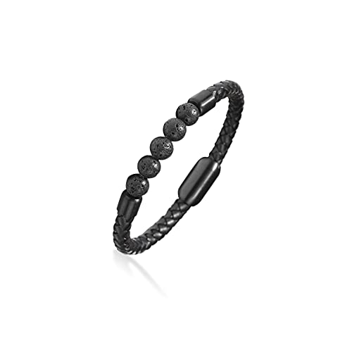FANCIME Herren Echtleder Armband Lava Rock Stein Perlen Geflochtene mit Magnetisch Verschluss Schmuck Männer Junge Vater - Länge 21 cm von FANCIME