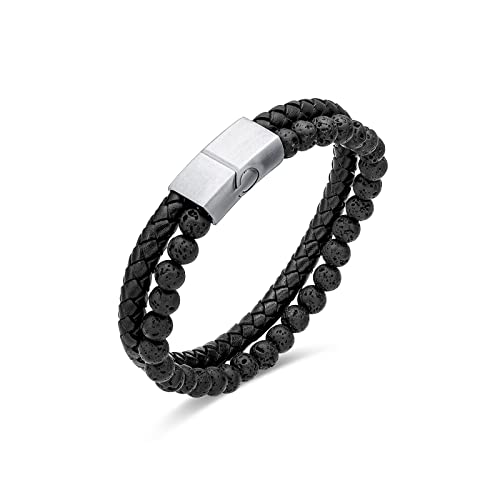 FANCIME Herren Echtleder Doppelschicht Armband Lava Rock Stein Perlen Geflochtene mit Edelstahl Magnet Verschluss Schmuck Männer Junge Vater - Länge 21 cm von FANCIME