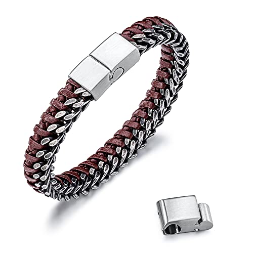 FANCIME Herren Echtleder und Edelstahl Armband Einstellbar Braun Armband mit Magnetverschluss Schmuck Geschenk für Herren Junge - Länge 22CM von FANCIME