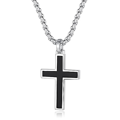 FANCIME Herren Halskette mit Solide 925 Sterling Silber Schwarz Kreuz Anhänger, Edelstahl Kette Schmuck Geschenk für Herren Jungs Kinder - Kettenlänge: 60 cm von FANCIME