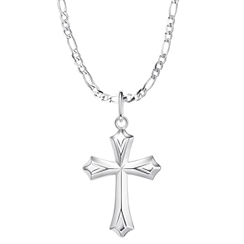 FANCIME Herren Kette aus 925 Sterling Silber Gelb Gold Vergoldet Gotisch Kreuz Anhänger mit Figaro Panzerkette, Hip-Hop Halskette Schmuck Geschenk für Ihn Jungs Kinder - Kettenlänge: 60 cm von FANCIME