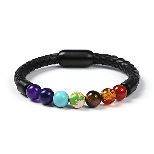 FANCIME Herren Echt Leder Armband 7 Chakra Perlen Geflochtene mit Magnet Verschluss Schmuck Geschenk für Männer Junge - Länge 21 cm von FANCIME