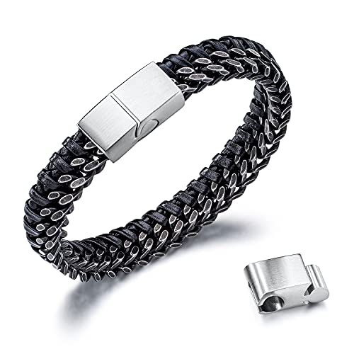 FANCIME Herren Echtleder und Edelstahl Armband Einstellbar Schwarz Armband mit Magnetverschluss Schmuck Geschenk für Herren Junge - Länge 22CM von FANCIME