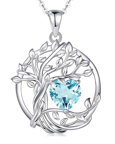 FANCIME Lebensbaum Aquamarin Kette für Damen 925 Sterling Silber Baum des Lebens Aquamarin Anhänger Halskette Schmuck Geschenke für Frauen Mädchen, Kettenlänge: 40+5 cm von FANCIME