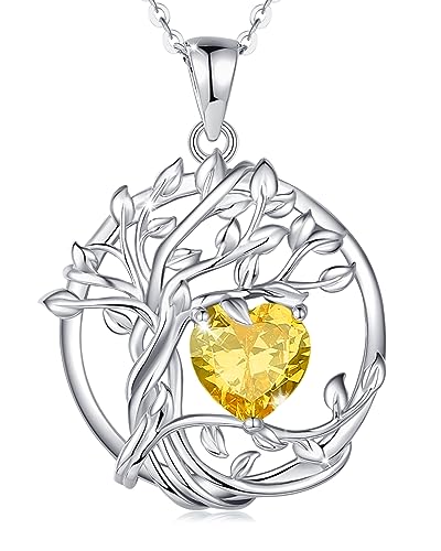 FANCIME Lebensbaum Citrin Kette für Damen 925 Sterling Silber Baum des Lebens Citrin Anhänger Halskette Schmuck Geschenke für Frauen Mädchen, Kettenlänge: 40+5 cm von FANCIME