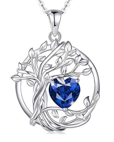 FANCIME Lebensbaum Saphir Kette für Damen 925 Sterling Silber Baum des Lebens Saphir Anhänger Halskette Schmuck Geschenke für Frauen Mädchen, Kettenlänge: 40+5 cm von FANCIME