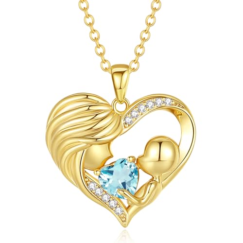 FANCIME Mama Kette Damen, 925 Sterling Silber Herz Mutter und Kinder Aquamarin Anhänger Halskette Schmuck Muttertagsgeschenk Geburtstagsgeschenk für Mama Damen Frauen von FANCIME