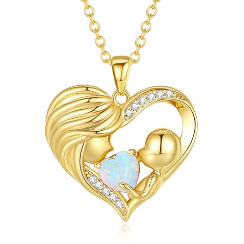 FANCIME Mama Kette Damen, 925 Sterling Silber Herz Mutter und Kinder Opal Anhänger Halskette Schmuck Muttertagsgeschenk Geburtstagsgeschenk für Mama Damen Frauen von FANCIME