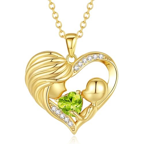 FANCIME Mama Kette Damen, 925 Sterling Silber Herz Mutter und Kinder Peridot Anhänger Halskette Schmuck Muttertagsgeschenk Geburtstagsgeschenk für Mama Damen Frauen von FANCIME