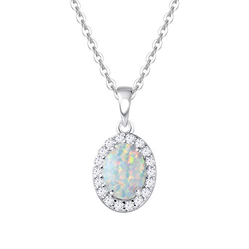 FANCIME Opal Kette mit Oval Anhänger aus 925 Sterling Silber, CZ Zirkon Edelstein Halskette Schmuck Geschenk für Damen Frauen Mädchen - Kettenlänge: 40+5 cm von FANCIME