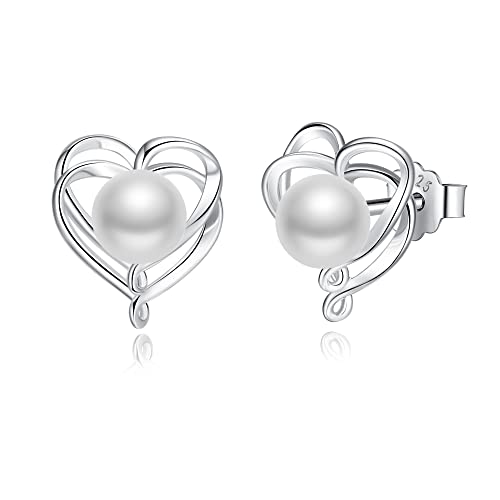FANCIME Perlen Ohrringe 925 Sterling Silber Herz Ohrringe mit echten Qualität 6-6.5mm Süßwasser Zuchtperlen Feiner Perlen Schmuck für Frauen von FANCIME