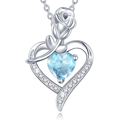 FANCIME Rose Herz Anhänger 925 Sterling Silber Vergoldet Halskette März Geburtsstein Kette Mit Synthetisch Aquamarin Valentinstag Jahrestag Geburtstag Weihnachten Schmuck Geschenk Für Damen Frauen von FANCIME