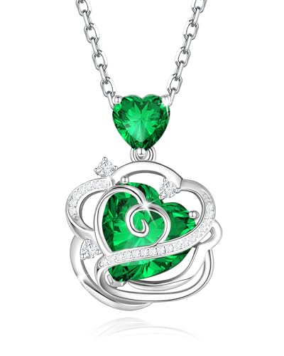 FANCIME Smaragd Halskette Mai Geburtsstein Kette Sterling Silber Rose Blume Anhänger Halskette Grün Herz Edelstein Geburtstag Weihnachten Feinschmuck Geschenke für Frauen Mom von FANCIME