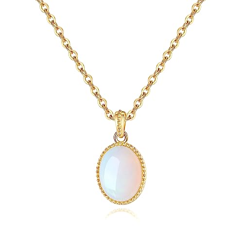 FANCIME Solide 14 Karat 585 Gelb Gold Anhänger Kette mit Echt Natürlich Opal 1ct Oval Minimalist Halskette Geschenk Schmuck für Damen Mädchen, Kettenlänge: 40 + 5 cm von FANCIME