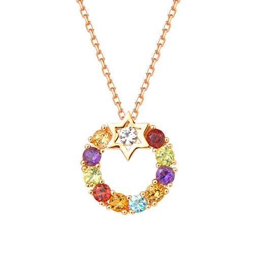 Solide 14 Karat 585 Gelb Gold Anhänger Kette mit Echt Natürlicher Edelstein Amethyst Citrin Granat Peridot Topas Halskette Schmuck für Damen Mädchen mit Geschenk Box - Kettenlänge: 40 + 5 cm von FANCIME