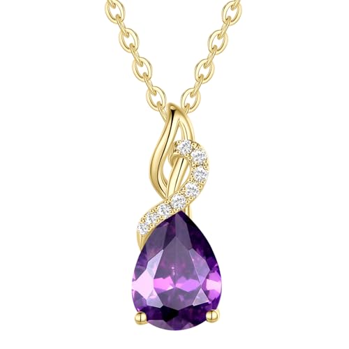 FANCIME Solide 14 Karat 585 Gelb Gold Anhänger Kette mit Tropfen Amethyst und echt 0.28ct Diamant Geschenk Schmuck für Damen, 925 Silber Kette: 40 + 5 cm von FANCIME