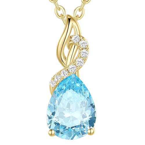 FANCIME Solide 14 Karat 585 Gelb Gold Anhänger Kette mit Tropfen Aquamarin und echt 0.28ct Diamant Geschenk Schmuck für Damen Mädchen Sie von FANCIME