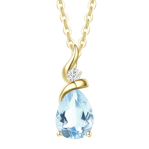 FANCIME Solide 14 Karat 585 Gelb Gold Anhänger Kette mit Tropfen Aquamarin und echt Diamant Geschenk Schmuck für Damen, 925 Silber Kette: 40 + 5 cm von FANCIME