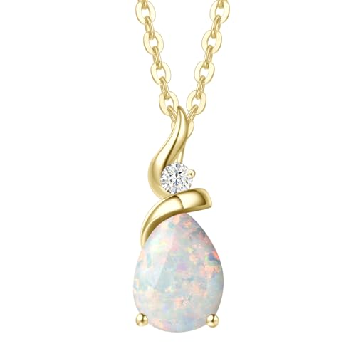 FANCIME Solide 14 Karat 585 Gelb Gold Anhänger Kette mit Tropfen Opal und echt Diamant Geschenk Schmuck für Damen, 925 Silber Kette: 40 + 5 cm von FANCIME