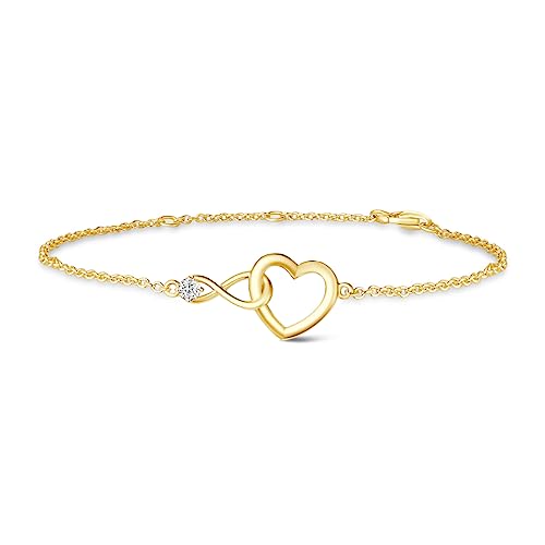 FANCIME Solide 14 Karat 585 Gelb Gold Armband Herz Infinity Anhänger mit Moissanite 0,1 ct, Minimalistisch Geschenk Schmuck für Damen Mädchen, Verstellbar Armkette: 17 + 3 cm von FANCIME