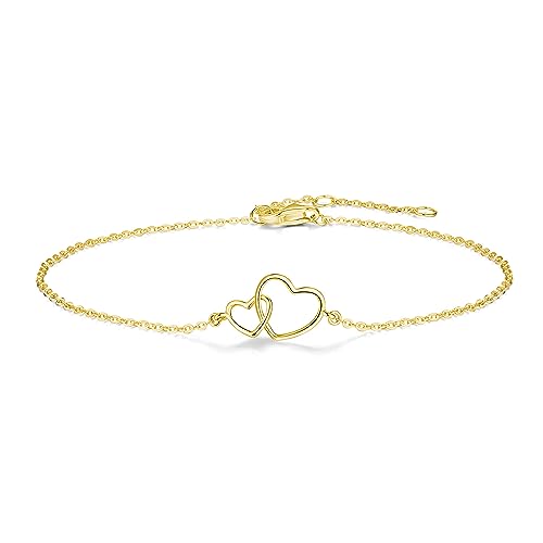 FANCIME Solide 14 Karat 585 Gelb Gold Armband mit Doppel Herz Anhänger, Minimalistisch Geschenk Schmuck für Damen Mädchen, Verstellbar Armkette: 17 + 3 cm von FANCIME