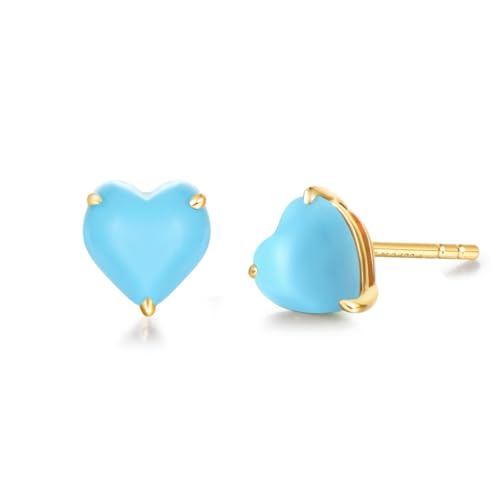 FANCIME Solide 14 Karat 585 Gelb Gold Herz Klein Ohrstecker Ohrringe mit Erstellter Türkis Schmuck für Damen Mädchen Mama, Größe: 5 * 5 mm von FANCIME