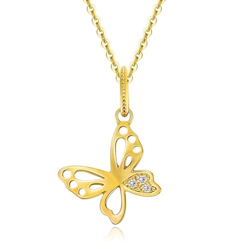 FANCIME Solide 14 Karat 585 Gelb Gold Kette mit Schmetterling Anhänger, Damen Kette mit echt Diamant 0.03 ct Geschenk Schmuck für Damen Mädchen, Verstellbar Kettenlänge: 40 + 5 cm von FANCIME