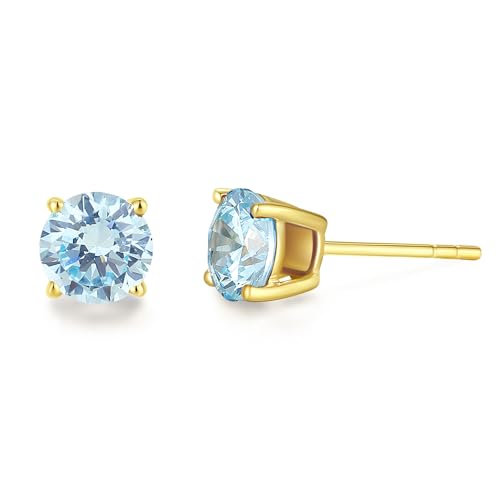 FANCIME Solide 14 Karat 585 Gelb Gold Klein Ohrstecker Ohrringe mit Echt Synthetische Aquamarin Schmuck für Damen Mädchen Mama, Durchmesser: 6 mm von FANCIME