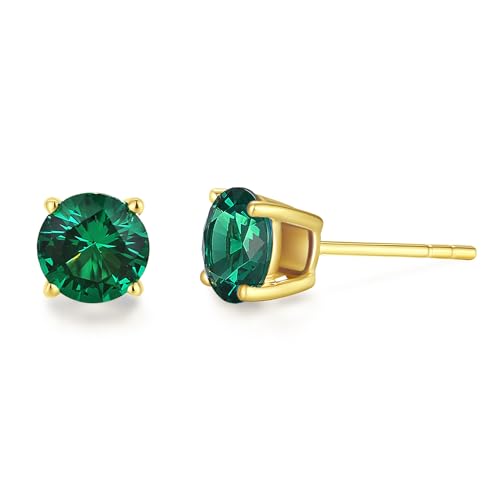 FANCIME Solide 14 Karat 585 Gelb Gold Klein Ohrstecker Ohrringe mit Echt Synthetische Smaragd Schmuck für Damen Mädchen Mama, Durchmesser: 6 mm von FANCIME