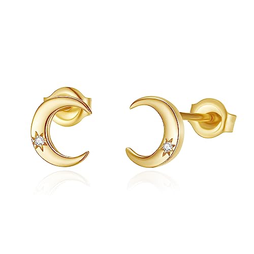 FANCIME Solide 14 Karat 585 Gelb Gold Ohrringe Ohrstecker, Mond Ohrringe Schmuck mit Zirkon für Damen Mädchen, Gewicht: 0,6 Gramm, Größe: 6 * 1.2 * 6.9 mm von FANCIME