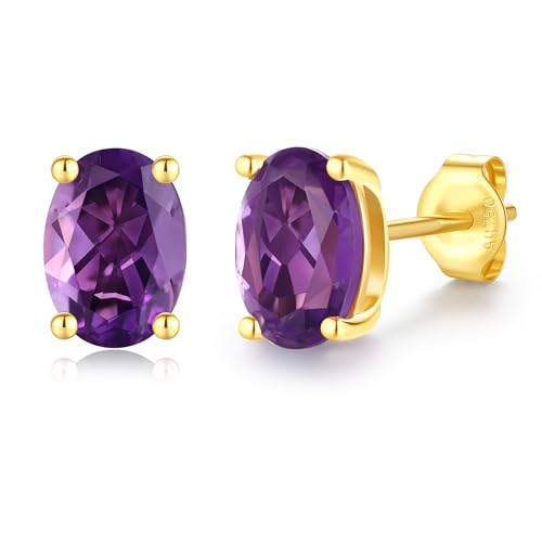 FANCIME Solide 14 Karat 585 Gelb Gold Oval Ohrringe Ohrstecker mit Echt Natürlich Amethyst Geschenk Schmuck für Damen Mädchen Mama, Größe: 5 * 7 mm von FANCIME