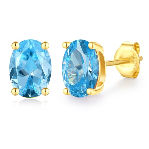 FANCIME Solide 14 Karat 585 Gelb Gold Oval Ohrringe Ohrstecker mit Echt Natürlich Blautopas Geschenk Schmuck für Damen Mädchen Mama, Größe: 5 * 7 mm von FANCIME