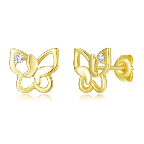 FANCIME Solide 14 Karat 585 Gelb Gold Schmetterling Ohrstecker Ohrringe mit 0.06ct Lab-grown Diamant, Basic Minimalist Echt Schmuck für Damen Mädchen, Größe: 8.9 * 8 mm von FANCIME