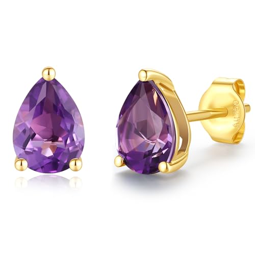 FANCIME Solide 14 Karat 585 Gelb Gold Tropfen Ohrringe Ohrstecker mit Echt Natürlich Amethyst Geschenk Schmuck für Damen Mädchen Mama, Größe: 5 * 7.7 mm von FANCIME