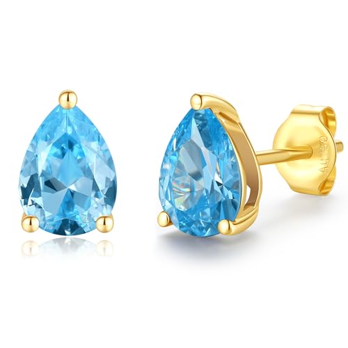 FANCIME Solide 14 Karat 585 Gelb Gold Tropfen Ohrringe Ohrstecker mit Echt Natürlich Blautopas Geschenk Schmuck für Damen Mädchen Mama, Größe: 5 * 7.7 mm von FANCIME