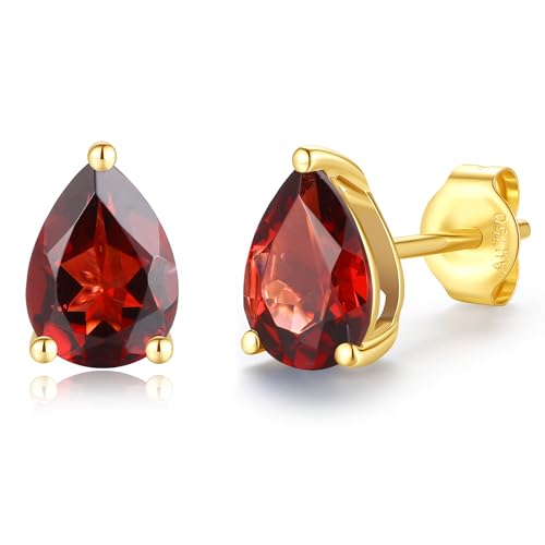 FANCIME Solide 14 Karat 585 Gelb Gold Tropfen Ohrringe Ohrstecker mit Echt Natürlich Granat Geschenk Schmuck für Damen Mädchen Mama, Größe: 5 * 7.7 mm von FANCIME
